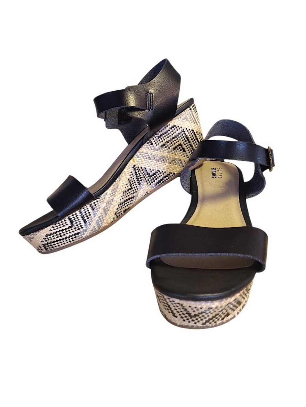 Basic Editions Black Tan Geo Woven Wedge Platform Sandals SZ 8 Boho Chic